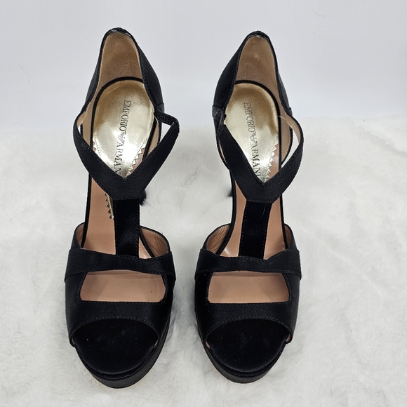 Emporio Armani black evening satin peep toe strappy slip on high heels 5.5 - Picture 7 of 12